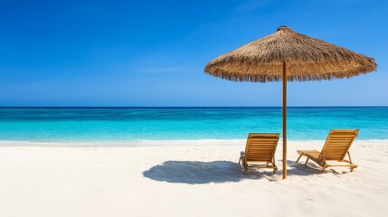 Two wooden loungers under a straw umbrella on a pristine beach with turquoise waters and clear sky