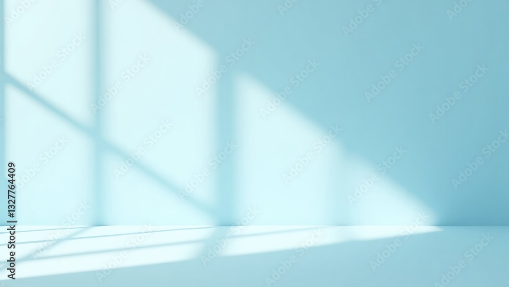 Poster empty wall in light blue and smooth floor featuring intriguing light glare. background suitable for 