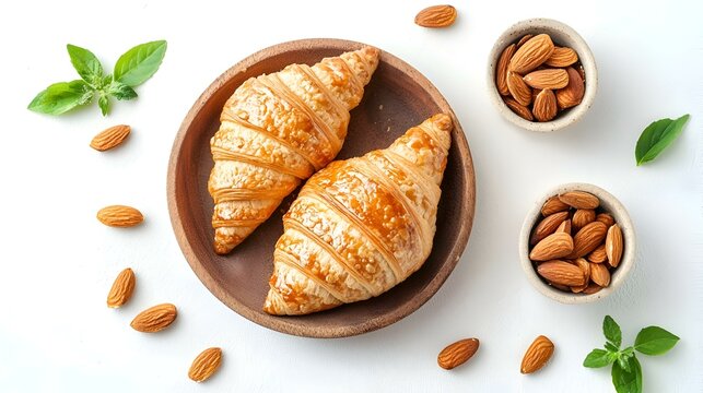 Croissant Emas Dengan Kacang Almond di Piring Kayu Terisolasi pada Latar Belakang Putih