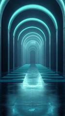 Obraz premium A long, narrow hallway with blue walls and a blue ceiling. The hallway is lit with blue lights, creating a calming and serene atmosphere