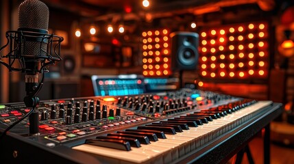 Professional Music Studio Recording Session:  A glimpse into the vibrant world of music production, showcasing the mixing console, microphone, and keyboard.