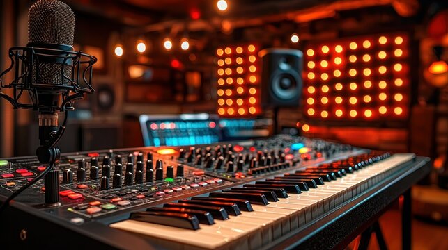 Professional Music Studio Recording Session:  A glimpse into the vibrant world of music production, showcasing the mixing console, microphone, and keyboard.
