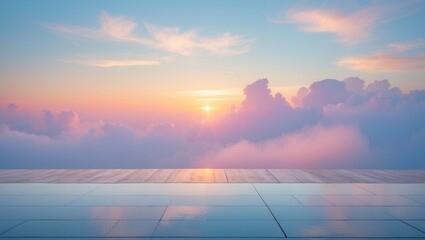 Blurred pastel gradient sunset backdrop on a gentle nature sunrise tranquil morning beach outdoors. Celestial perspective at a resort deck feeling the sunshine, sky summer clouds.