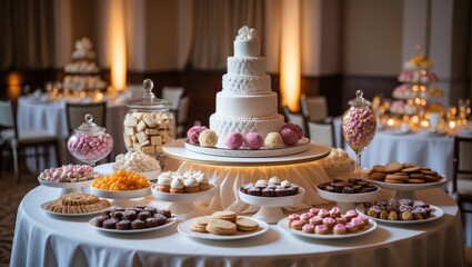 Naklejka premium close up of a candy table featuring sweet treats, wrapped candy in white packaging with satin ribbon