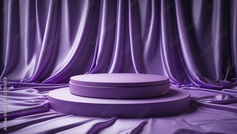 Poster satin violet cloth podium for product promotional display, an elegant luxury platform with empty cop