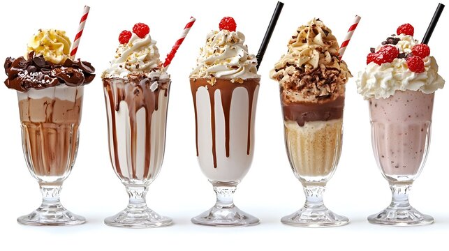 Koleksi Milkshake Beragam Rasa dengan Topping Melimpah Terisolasi pada Latar Belakang Putih