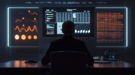 Analyst in a HighTech Control Room with Advanced Data Visualization and Monitoring Systems