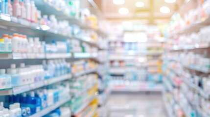 Fototapeta premium Retail pharmacy store with blurred interior and stocked shelves.