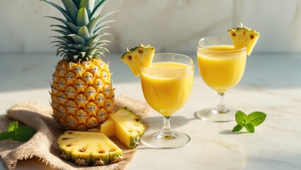 Fresh pineapple juice in a glass with fruit viewed from above.
