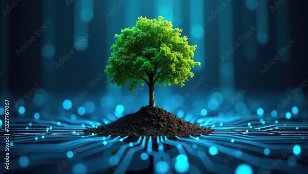 Aufkleber tree with soil emerging at the junction of a computer circuit board. background featuring blue light
