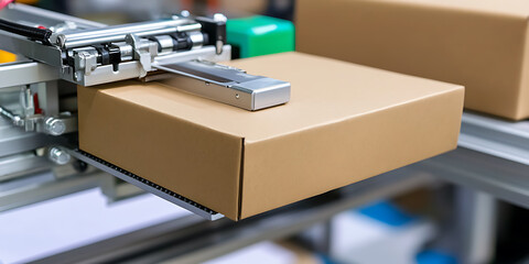 Fototapeta premium Automated packaging line with a cardboard box being processed by a robotic arm on a metallic conveyor system.