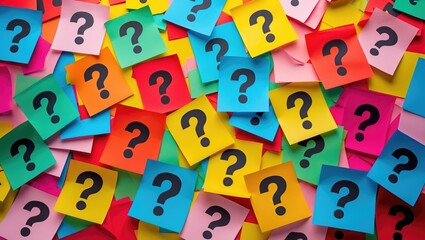 Too Many Questions. A stack of vibrant sticky notes featuring question marks. Closeup.