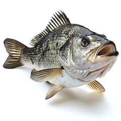 Obraz premium A silver and grey fish with an open mouth detailed scales and fins resting on a white surface.