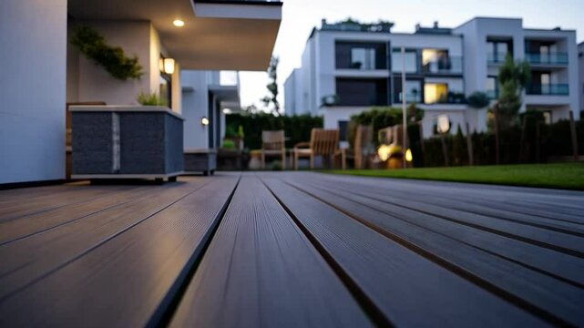 Modern apartment complex patio deck at dusk