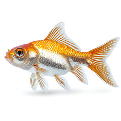 Golden and white goldfish swimming featuring delicate fin details and a reflective wet look on a white background.