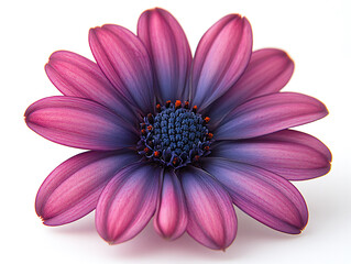 Obraz premium A vibrant flower with pink petals transitioning to a blue center adorned with delicate orange accents against a clean white backdrop.