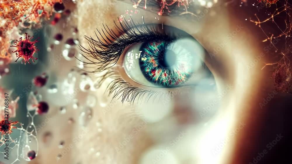 Poster exploring the depths of awareness and reflection in a vivid journey through microscopic worlds gener