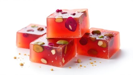 Traditional Turkish delight featuring nuts and rose petals against a white background.