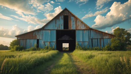Obraz premium Classic rustic barn with a metal exterior beneath an expansive sky, reflecting the charm and simplicity of rural farm life.