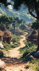 Obraz premium A village in Africa with old small houses surrounded by nature. African village in style of simplicity and cultural connection.