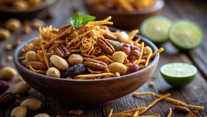 Traditional Indian deep-fried savory dish - a salty snack made from gram flour mixed with dried fruits.