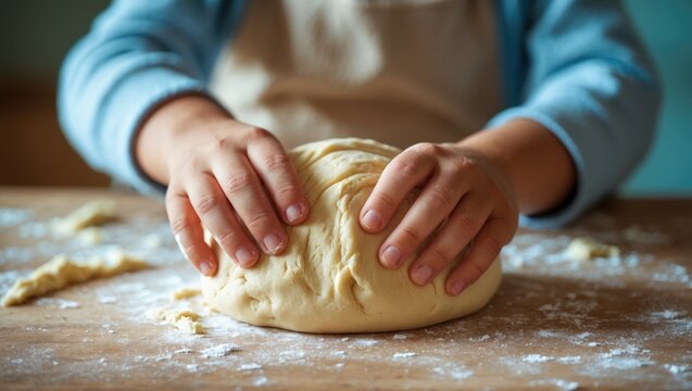 children's hands work the dough for bread