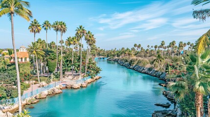Fototapeta premium A winding river glides softly through a lively garden, filled with vibrant flowers, lush greenery, and a beautifully scenic environment