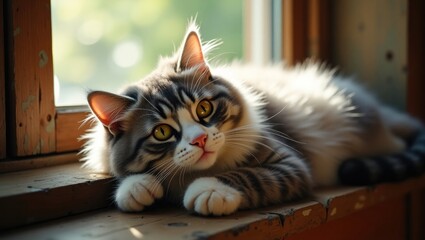 The fluffy cat rests on the windowsill and gazes at the camera. A young cat with golden eyes.