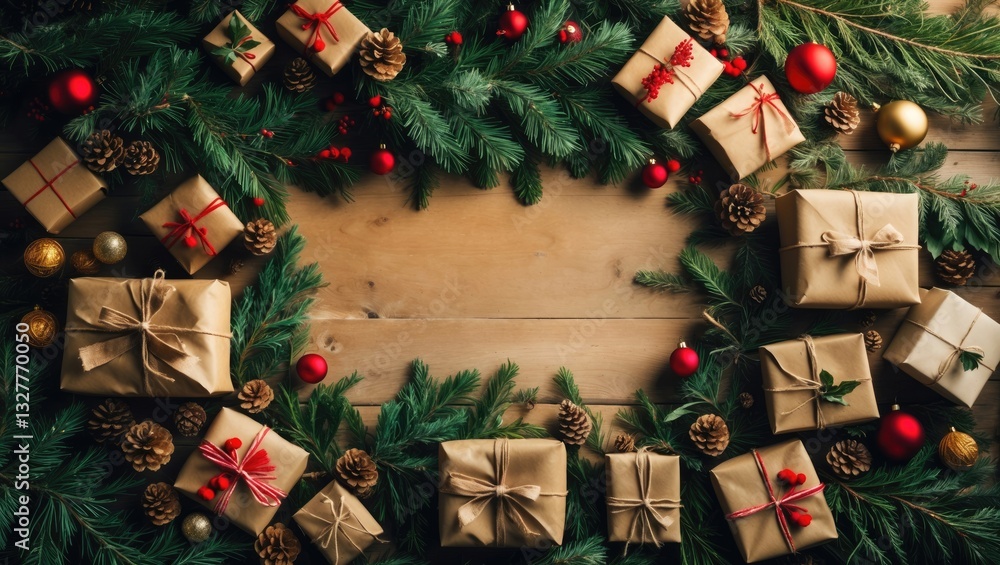 Poster christmas lights and decorations with gifts creating a frame with empty space. themes.