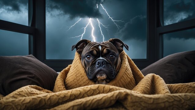 The dog is scared of thunderstorms. Bulldog concealed beneath a blanket.