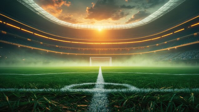 textured soccer field with neon fog - center, midfield. 3D illustration.