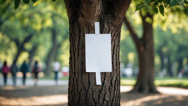 Pinned empty vertical paper tag attached to a tree