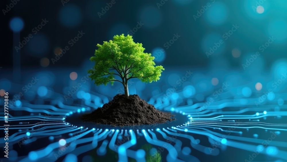 Aufkleber tree with soil emerging at the intersection of a computer circuit board. blue light and wireframe ne