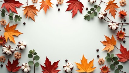 Obraz premium Autumn arrangement featuring branches, flowers, and dried leaves set against a pastel gray backdrop. Concept. Flat lay, top view, with copy space.