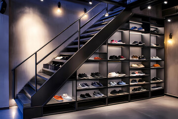 A modern entrance with a metal staircase and shelf exudes urban sophistication, merging functionality with striking design