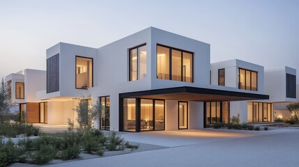 A modern villa in a desert oasis, with a focus on minimalist design