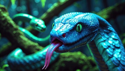 Fototapeta premium The close-up of the blue viper's face is poised to strike.