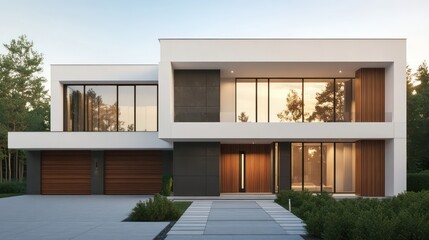 A modern villa with a white-and-wood exterior palette, featuring expansive windows that let in plenty of natural light