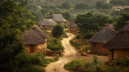 A village in Africa with old small houses surrounded by nature. African village in style of simplicity and cultural connection.