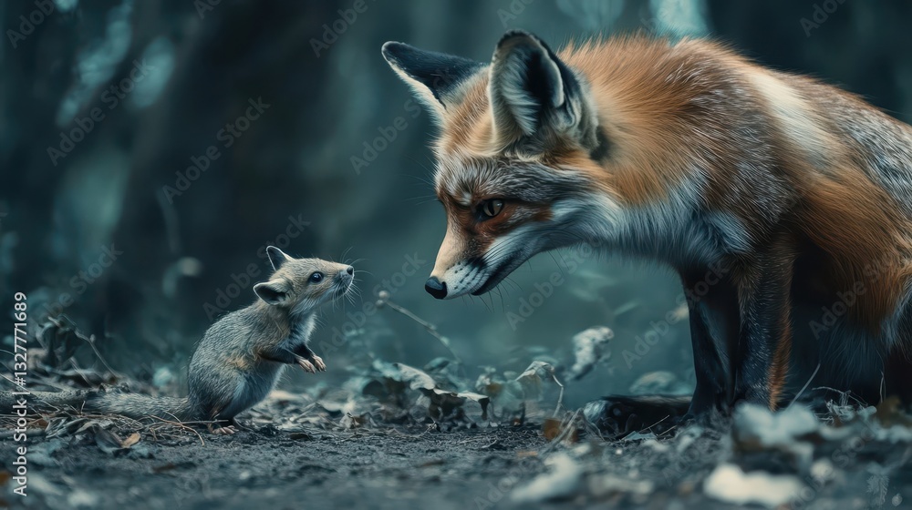 Poster a large fox stares at a tiny mouse in a forest setting