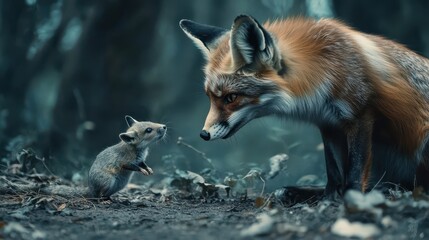 Fototapeta premium A large fox stares at a tiny mouse in a forest setting