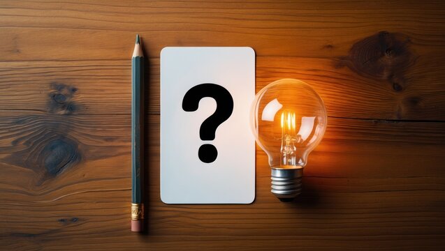 Question mark on paper accompanied by a pencil and light bulb set against a wood background.