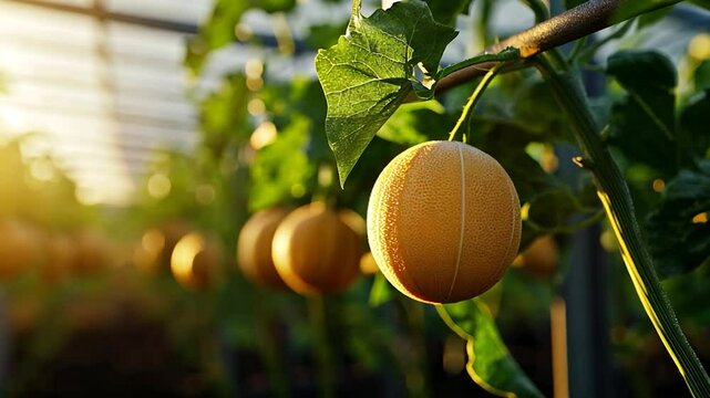 Ripe cantaloupe hanging in a greenhouse