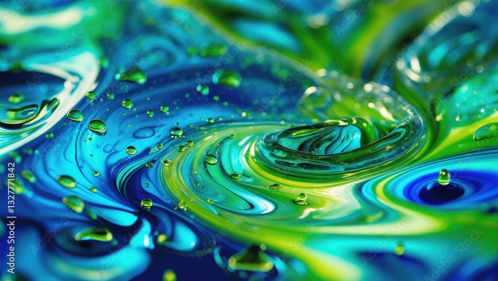 Poster abstract colorful background in blue and green featuring oil on the water surface. oil droplets crea