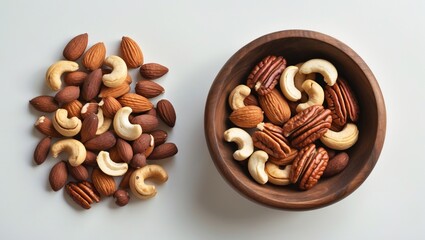 Fototapeta premium Top-down view of Mixed nuts in wooden bowl set against a white backdrop.