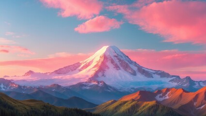 Pink sunset glow on Mount Rainier located in the Cascade Range