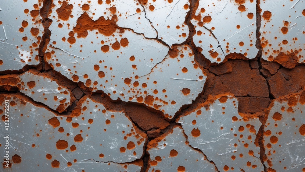 Poster brown grainy rust texture on a white metallic background featuring space for design. panoramic view 