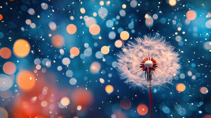   A dandelion blowing in the wind against a blurred blue and red backdrop with hazy lights