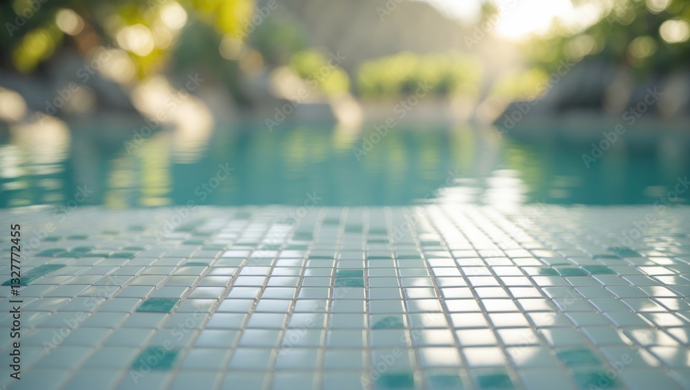 Aufkleber empty white ceramic mosaic table top with a blurred view of a swimming pool in a tropical resort bac