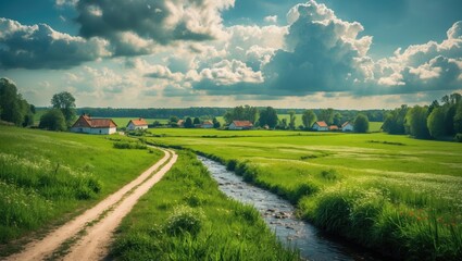 Obraz premium Polish countryside, village, sunny day, lush green field